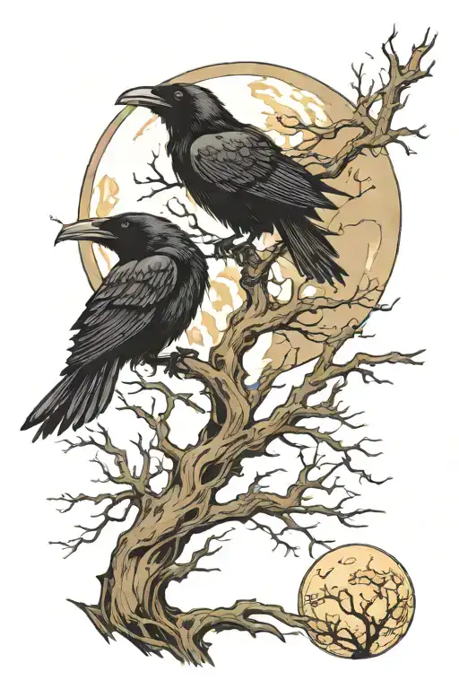 dead tree with ravens and moon  tattoo design idea