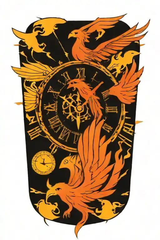 compass layered behind a clock representing the course for life over time. Overlapping is a Phoenix rising uo tattoo design idea