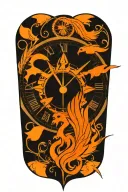 compass layered behind a clock representing the course for life over time. Overlapping is a Phoenix rising uo tattoo design idea