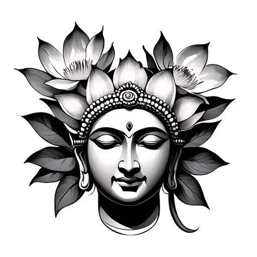 Boudha with lotus flower and frangipanier flowers tattoo design idea