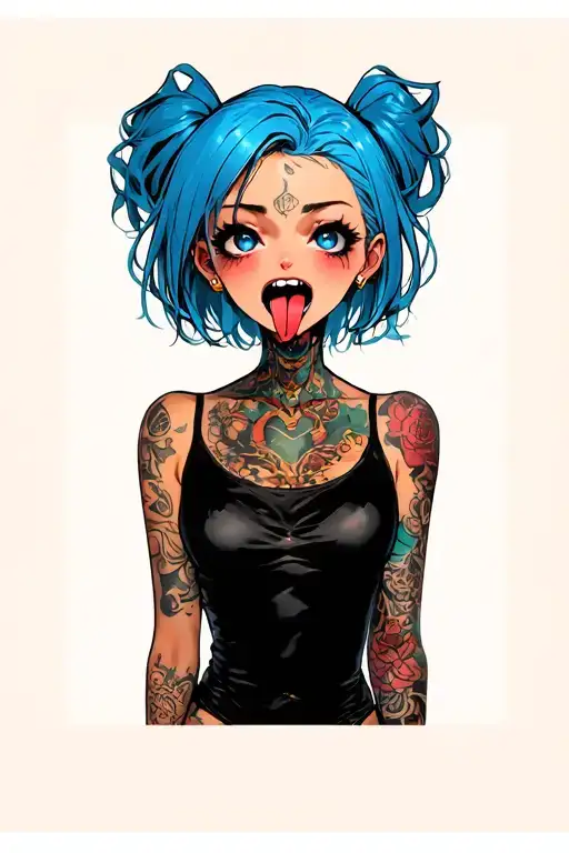 Clean, hentail, bdsm, stick out tongue, nymphomaniac face, young, sexy front position, hide nudity, blue hair tattoo design idea