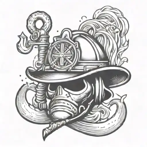 A dotwork tattoo of a firefighter's helmet with a musical note and anchor, representing your dedication to both firefighting and the navy tattoo design idea