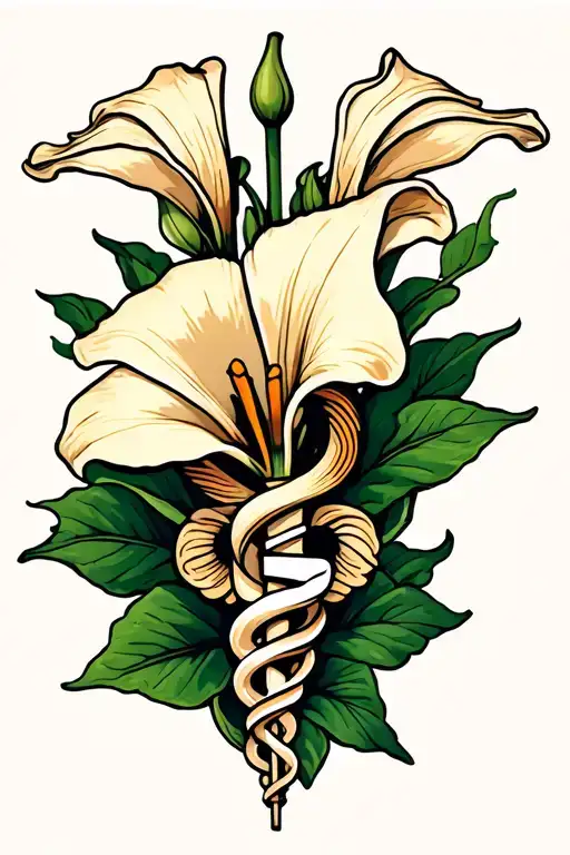 calla lily flower with caduceus intertwined tattoo design idea