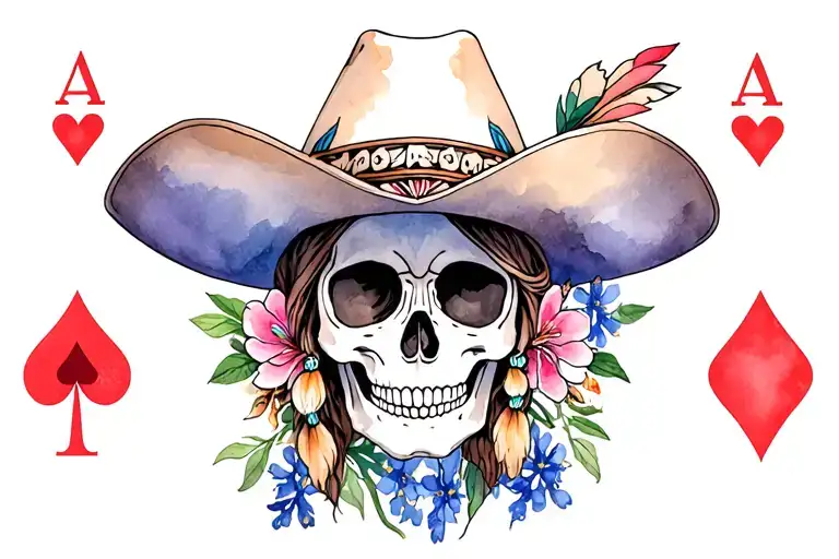 skull with a Native American tribal hat on her head, Texas blue bonnets, magnolias, ace of spades and western themed tattoo design idea