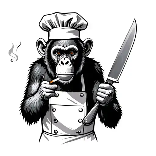 monkey as a chef smoking a cigarette holding a knife  tattoo design idea