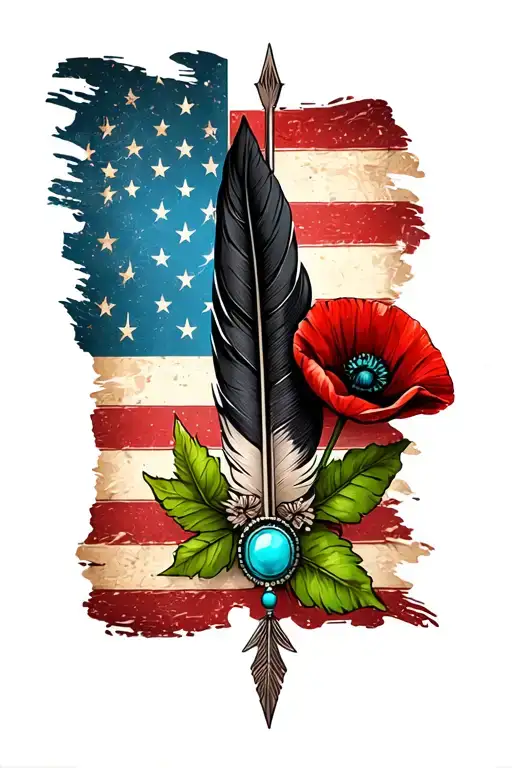faded american flag,  black feather, arrow through center, turquoise western jewlery, green leaves, 1 poppy flower tattoo design idea