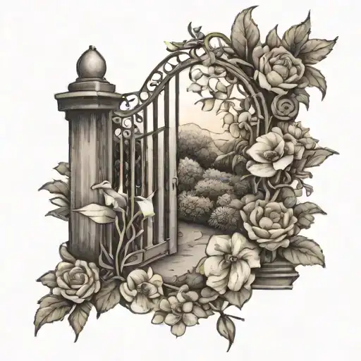 A tattoo design of a garden gate opening to a serene landscape, with blooming flowers and memories intertwined in the design, reflecting the client's love for gardening and cherished memories tattoo design idea