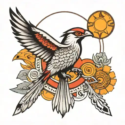 A Thunderbird eclipsing the sun as it sits just above the horizon in the American Southwest tattoo design idea