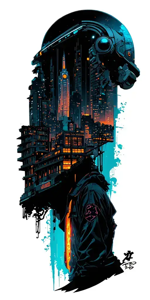 cyberpunk skyline tattoo design idea