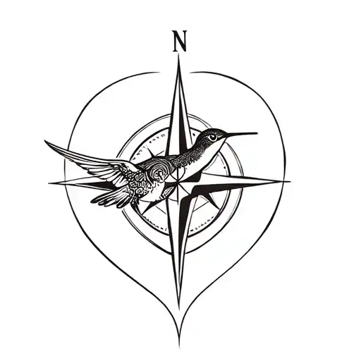 a hummingbird and a compass intertwine forming a winged heart tattoo design idea