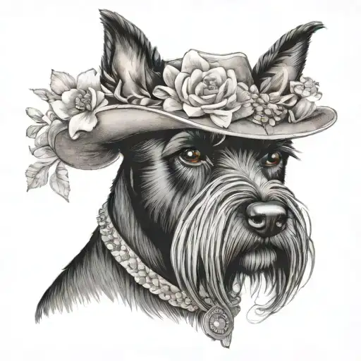 all black schnauzer with cowgirl hat and brown eyes and a collar and flowers looking to the side tattoo design idea