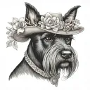 all black schnauzer with cowgirl hat and brown eyes and a collar and flowers looking to the side tattoo design idea