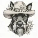 all black schnauzer with cowgirl hat and brown eyes and a collar and flowers looking to the side tattoo design idea