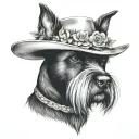 all black schnauzer with cowgirl hat and brown eyes and a collar and flowers looking to the side tattoo design idea