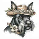 all black schnauzer with cowgirl hat and brown eyes and a collar and flowers looking to the side tattoo design idea