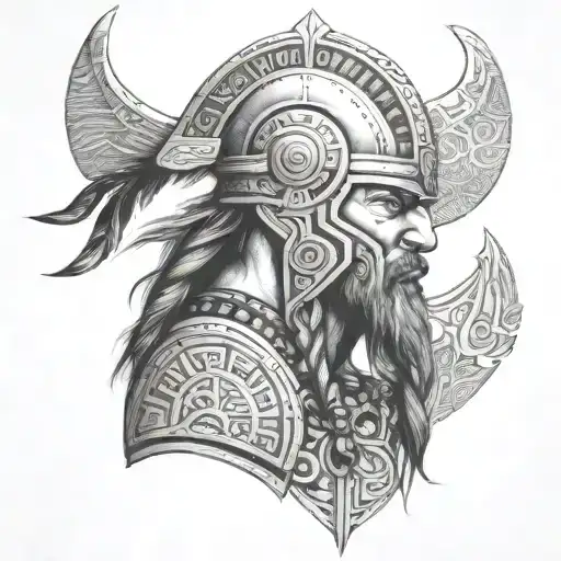 A fused warrior: half Viking with a helmet and runes, half Guaraní aboriginal with tribal paintings and natural elements tattoo design idea