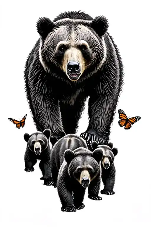 Papa bear and 3 black bear cubs and 2 monarch butterfly walking in the wilderness trees tattoo design idea