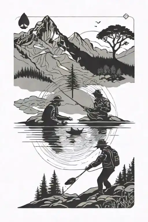 two silhouette fishing in the mountains, playing cards nearby tattoo design idea