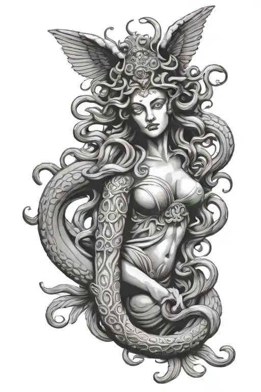 Medusa as a statue full body with angel wings  tattoo design idea