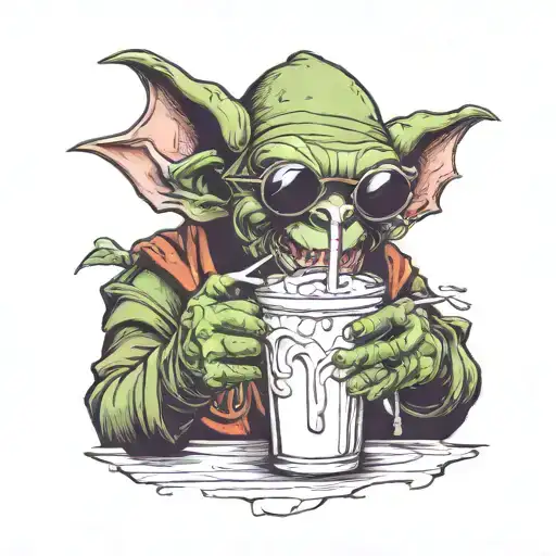 goblin with sunglasses drinking a milkshake tattoo design idea
