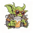 goblin with sunglasses drinking a milkshake tattoo design idea