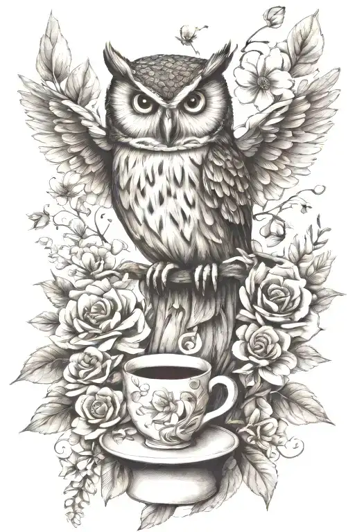 owl, coffee cup, tree, flowers tattoo design idea