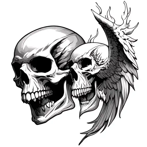 2 skulls facing each other half skull with a demonic Angel Michael with a flamed Sword tattoo design idea