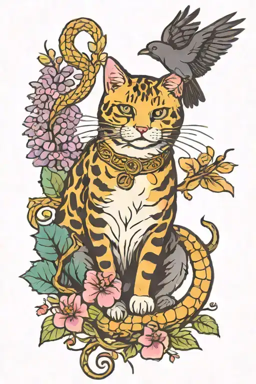 cat and crow and snake with wisteria tattoo design idea