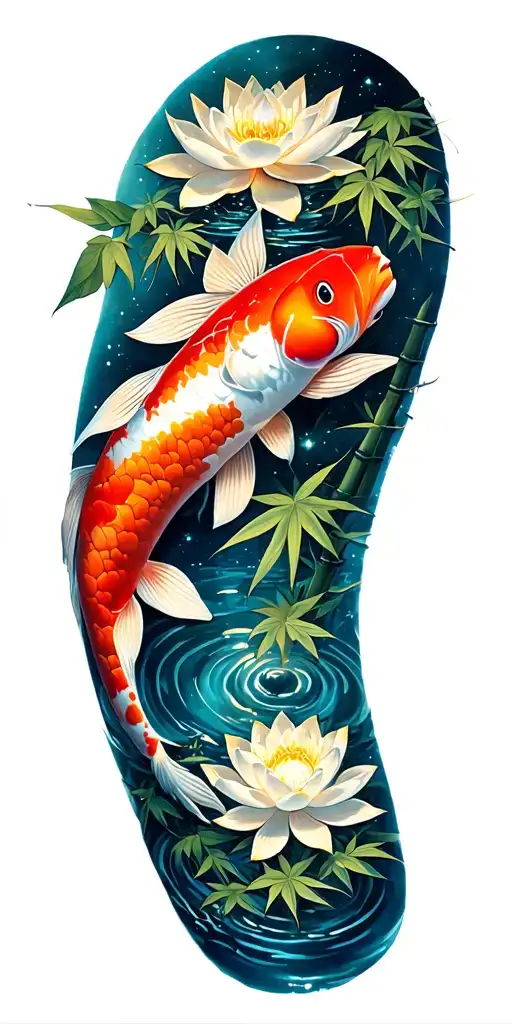 path of enlightenment along sleeve from wrist to shoulder. lotus, water, constellation, koi, bamboo, tiny home tattoo design idea
