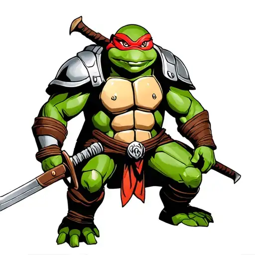 muscular ninja turtle in full battle armor holding a sword tattoo design idea