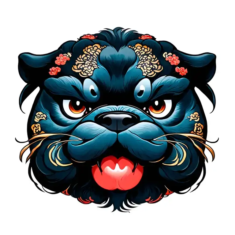 fu dog tattoo design with Japanese tattoo, art styling flowing and graceful, almost heal for a woman's back tattoo tattoo design idea