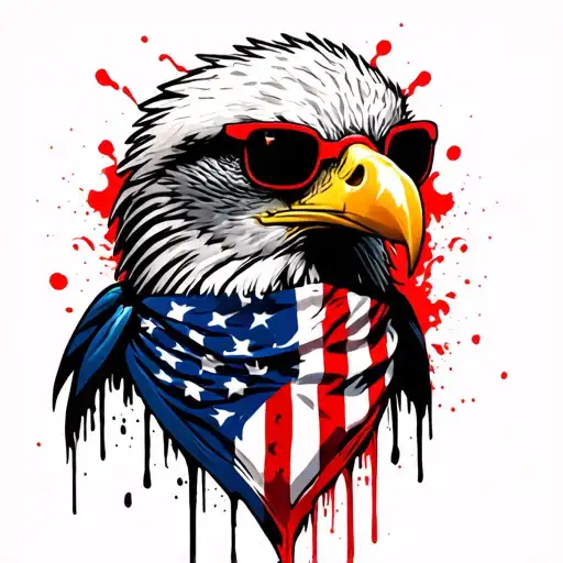Bald Eagle wearing an American Flag bandana and red framed sunglasses with dark lenses. tattoo design idea