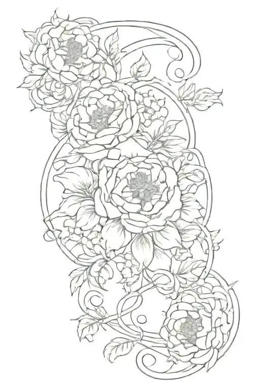 crescent moon, peonie flowers, art nouveau, art deco, symmetrical tattoo design idea