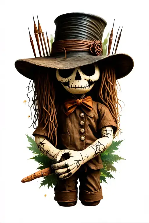  quite voodoo doll with cylinder hat and needles on his own hand and nature and tree tattoo design idea
