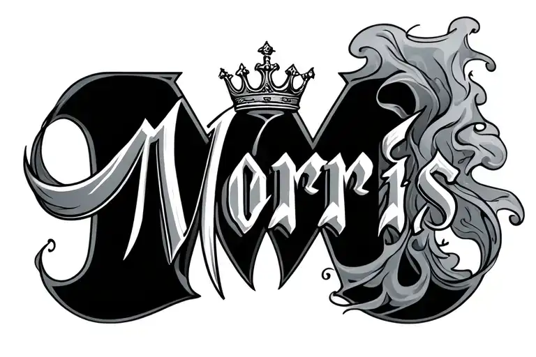 The word "Morris" with smoke and a crown over the letter M tattoo design idea