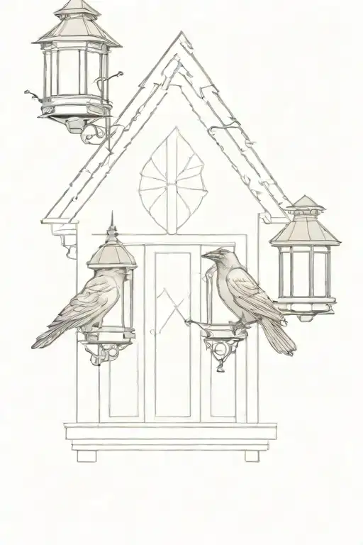 three ravens sitting on a doorstep in front of a Gothic door with a lantern porch light tattoo design idea