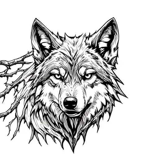 wolf made out of tree branches, looking fierce tattoo design idea