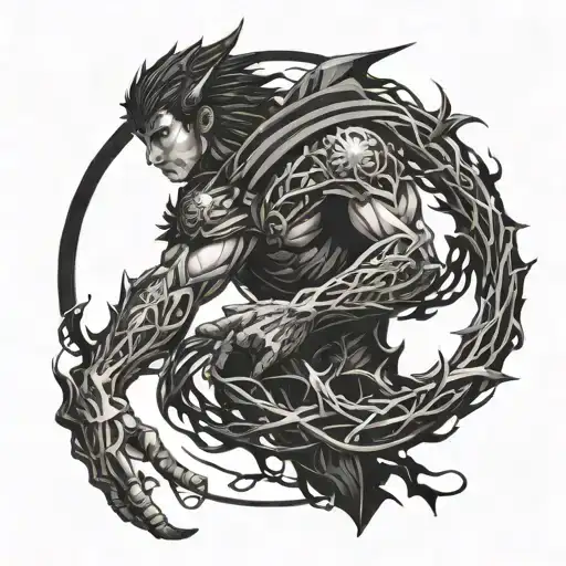 berserk symbol anime intertwined within dark vines and eyes going up the arm tattoo design idea