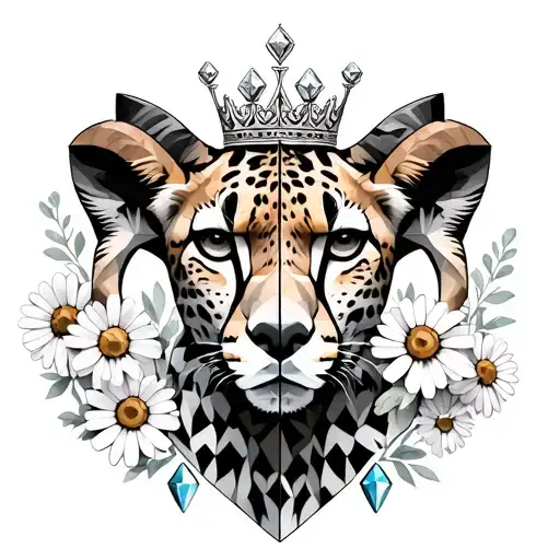 half real ram face other half is a geometric cheetah face. surrounded by daisies. diamonds, crown. tattoo design idea