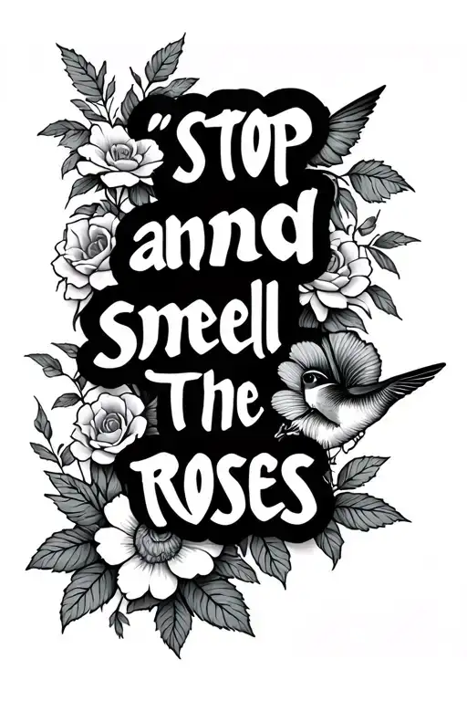 "Stop and smell the roses" arm sleeve tattoo with flowers and a hummingbird tattoo design idea