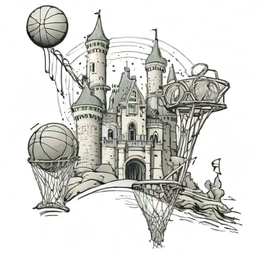 A Disney castle with basketball hoops as turrets, representing the client's love for both Disney and basketball tattoo design idea