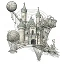 A Disney castle with basketball hoops as turrets, representing the client's love for both Disney and basketball tattoo design idea