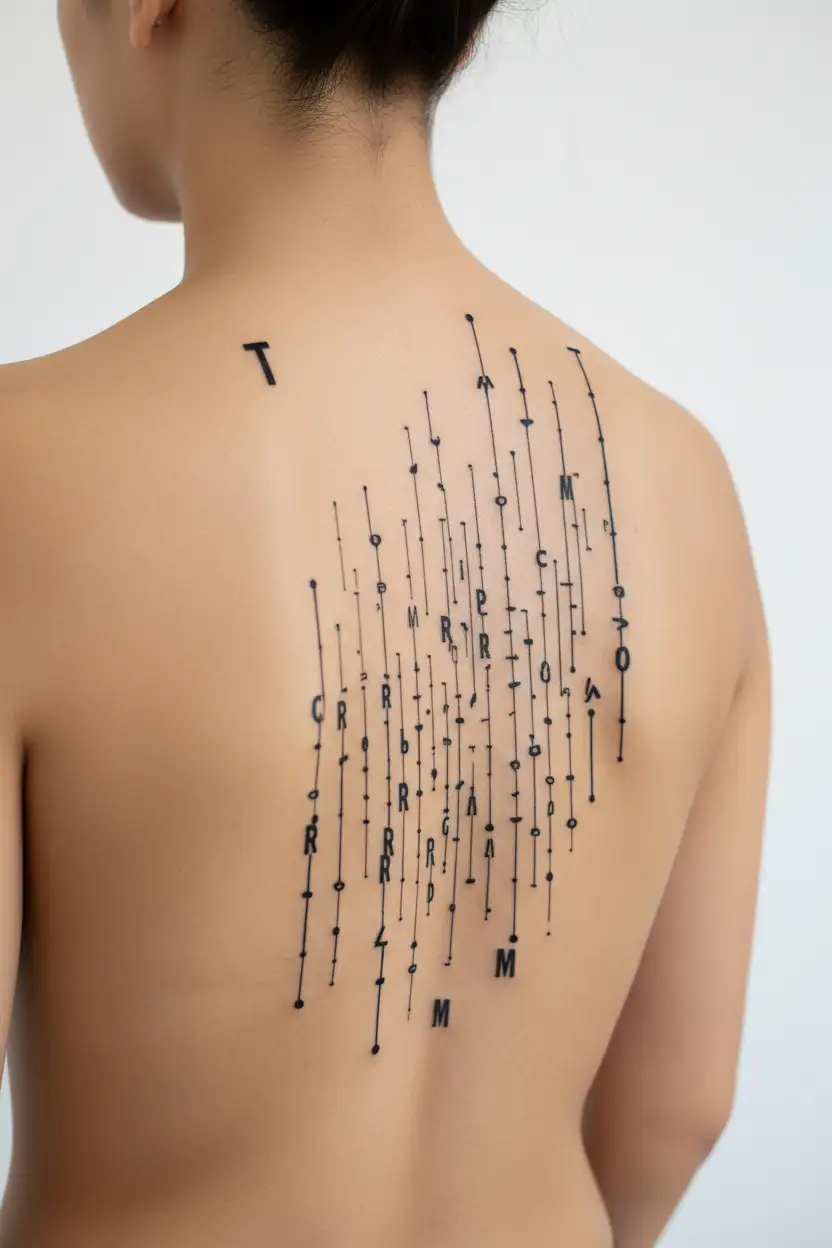 matrix falling code with letters T R M T L M Jack Reese Callie 7 9 10 10 2 08 tattoo design idea