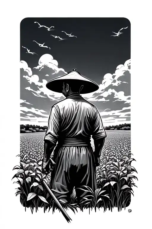 old Chinese farmer in a field facing away tattoo design idea