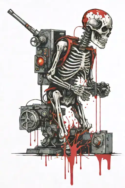 a skeleton is working with a welding machine, a brick falls on his head tattoo design idea