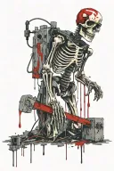 a skeleton is working with a welding machine, a brick falls on his head tattoo design idea