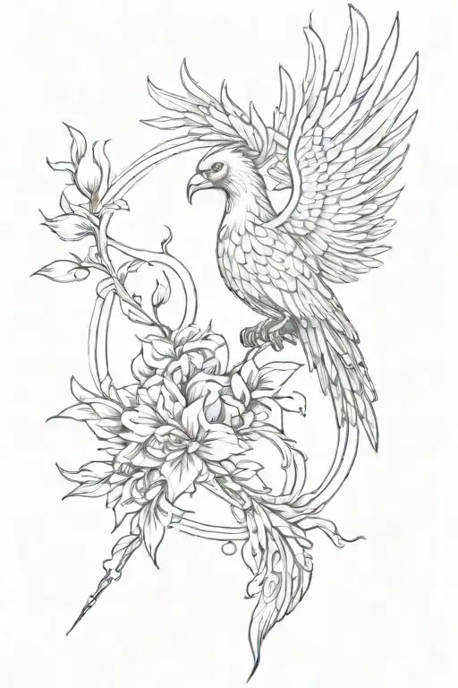 A phoenix with a long tail flying next to a vertical arrow holds a bow for shooting and flowers in its paws tattoo design idea