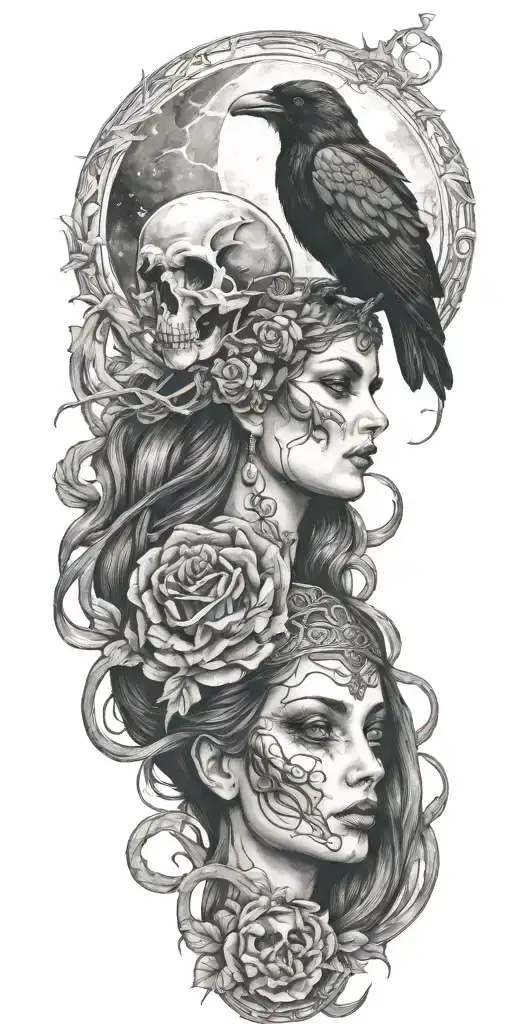 goddess of death, raven, snake, moon tattoo design idea
