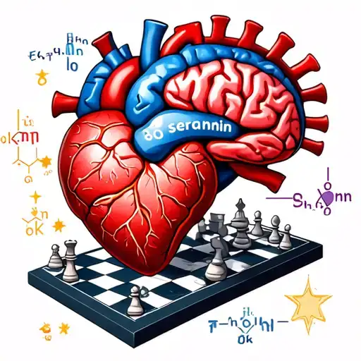 anatomical heart and brain, with a chemical formula for seratonin written in the brain, on a chessboard in the stars.  tattoo design idea