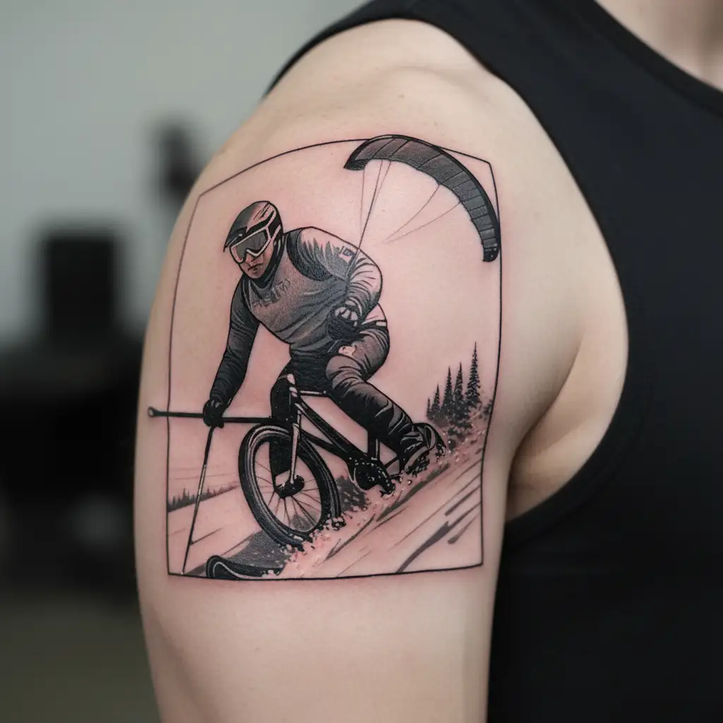 Snowkiting, alpine skiing, road cycling. tattoo design idea